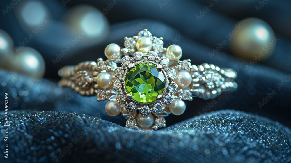 An exquisite silver ring featuring a deep green peridot, flanked by sparkling diamonds and small pearls, set against a dark blue velvet cloth. An exquisite silver ring featuring a deep green peridot, flanked by sparkling diamonds and small pearls, set against a dark blue velvet cloth.