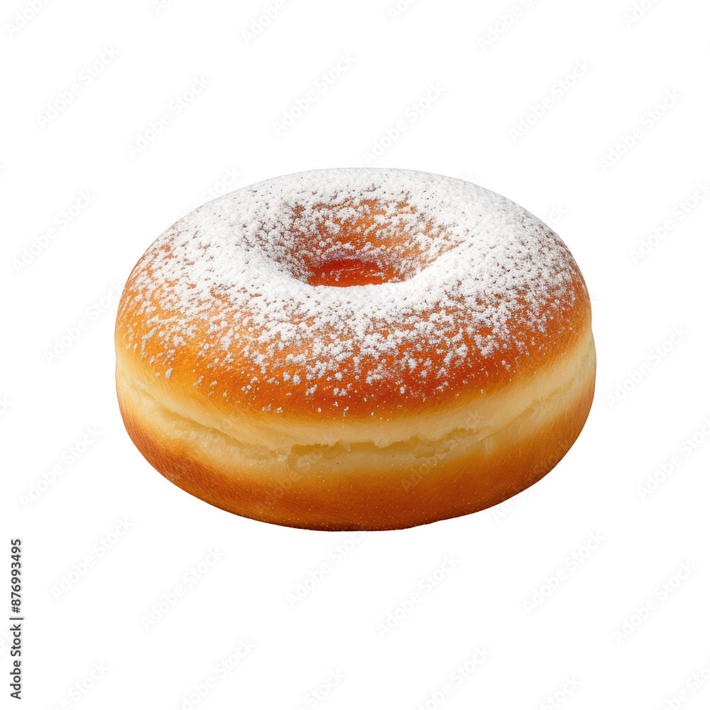 Delicious round donut with icing sugar, perfect for dessert, bakery presentations, and food-related designs. isolated on white background. Delicious round donut with icing sugar, perfect for dessert, bakery presentations, and food-related designs. isolated on white background.