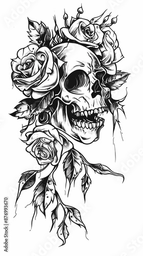 A skull with roses and leaves is tattooed on a person's arm. The skull is surrounded by a rose bush and leaves, giving it a natural and organic feel. The tattoo is black and white