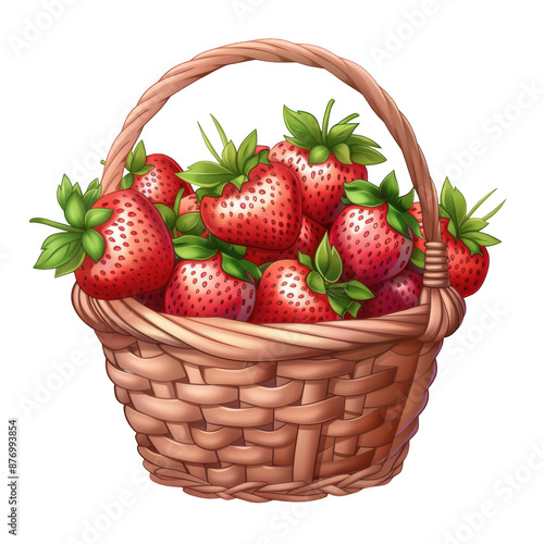 Fresh ripe strawberries in a rustic woven basket, beautifully arranged, ready for a delicious and healthy treat. isolated on white background.  photo