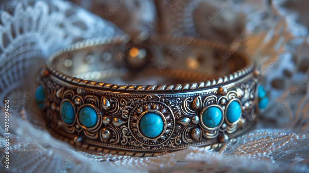 A beautiful antique silver bracelet with intricate engravings and set with vibrant turquoise stones, displayed on a lace cloth. A beautiful antique silver bracelet with intricate engravings and set with vibrant turquoise stones, displayed on a lace cloth.