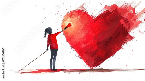 A girl is painting a big red heart. She is standing on a ladder and using a big paintbrush. The heart is in front of her and she is smiling. AIG535 photo