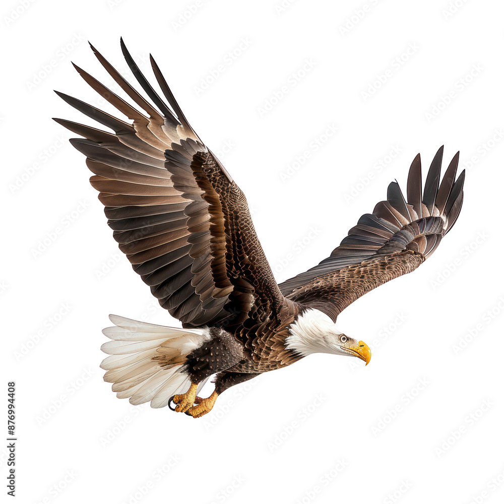 Majestic bald eagle in mid-flight with wings outstretched, showcasing its powerful wingspan against isolated on a white background. Majestic bald eagle in mid-flight with wings outstretched, showcasing its powerful wingspan against isolated on a white background.