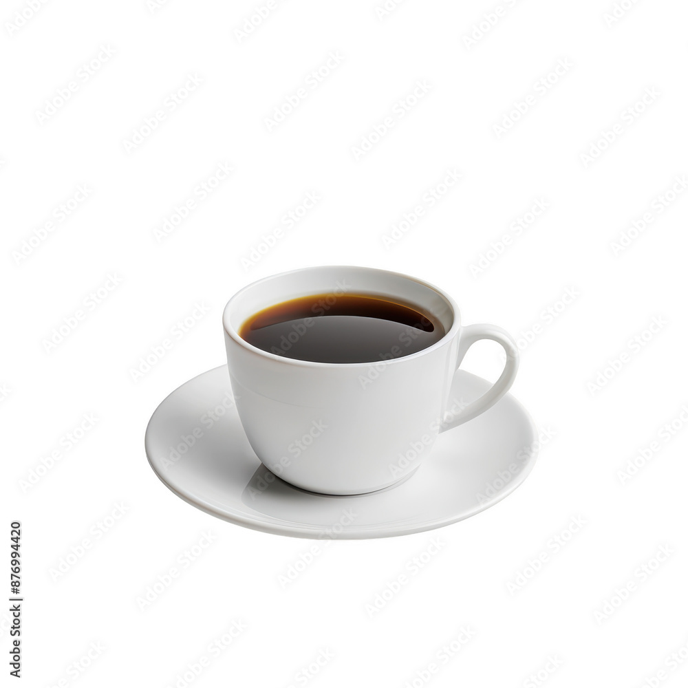Minimalistic white ceramic cup filled with black coffee placed on a matching saucer, isolated on a clean white background. Minimalistic white ceramic cup filled with black coffee placed on a matching saucer, isolated on a clean white background.