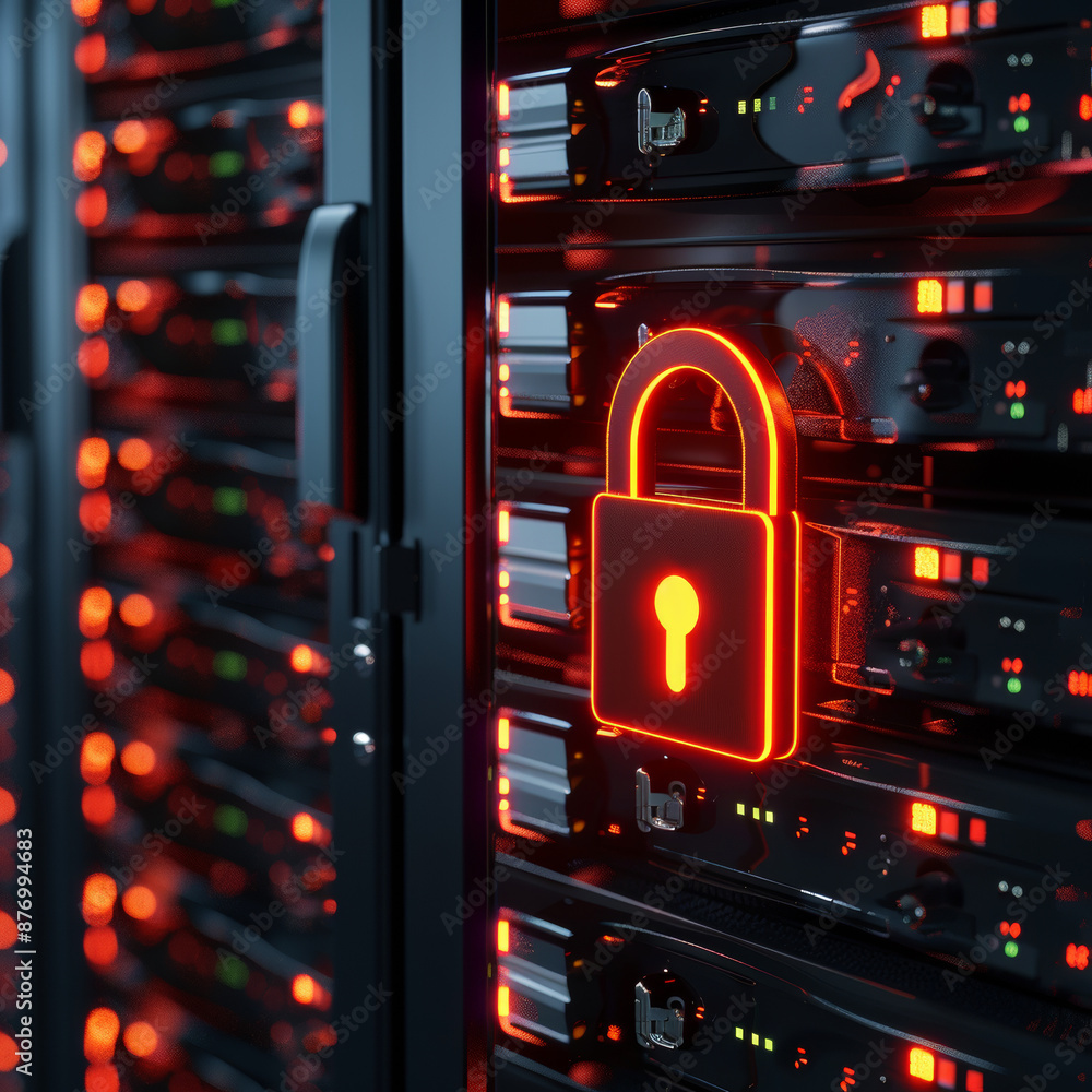 Concept of information security against viruses and data protection, featuring a digital lock symbol with a keyhole inside, set against a background of data storage and servers. 3D rendering. Concept of information security against viruses and data protection, featuring a digital lock symbol with a keyhole inside, set against a background of data storage and servers. 3D rendering.