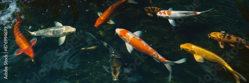 Japanese zen pond with colorful koi fish swimming, showcasing nature's beauty and tranquility.