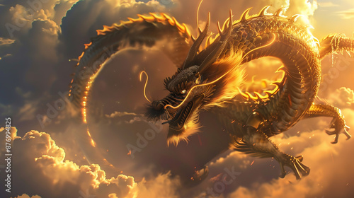gold Chinese dragon flying in sky