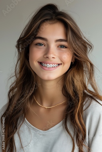 Wallpaper Mural Teenage girl with braces smiling, showing orthodontic treatment and dental care in a cheerful portrait. Torontodigital.ca