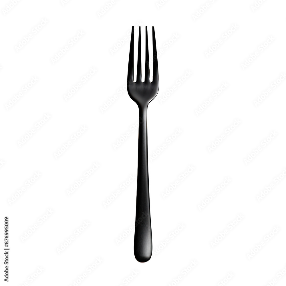 A sleek black fork isolated on a white background, showcasing modern minimalist design and elegance in kitchen utensils. A sleek black fork isolated on a white background, showcasing modern minimalist design and elegance in kitchen utensils.