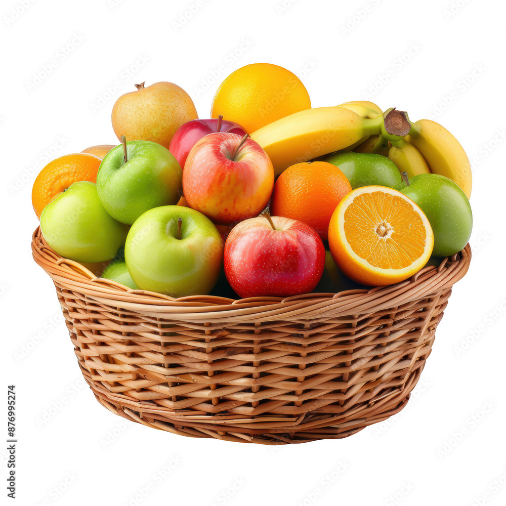 A wicker basket filled with a colorful variety of fresh fruits including apples, oranges, bananas, and pears on a white background. A wicker basket filled with a colorful variety of fresh fruits including apples, oranges, bananas, and pears on a white background.