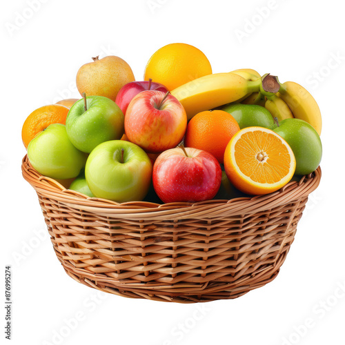 A wicker basket filled with a colorful variety of fresh fruits including apples, oranges, bananas, and pears on a white background.