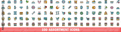 100 assortment icons set. Color line set of assortment vector icons thin line color flat on white