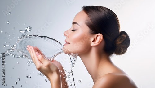 Beautiful African Woman washing her Face with Clean Water - Hygiene and Selfcare during the Day - Drinking Clean Mineral Water - Female Splashing Water in her Face in Bathroom - Removing Make-up photo