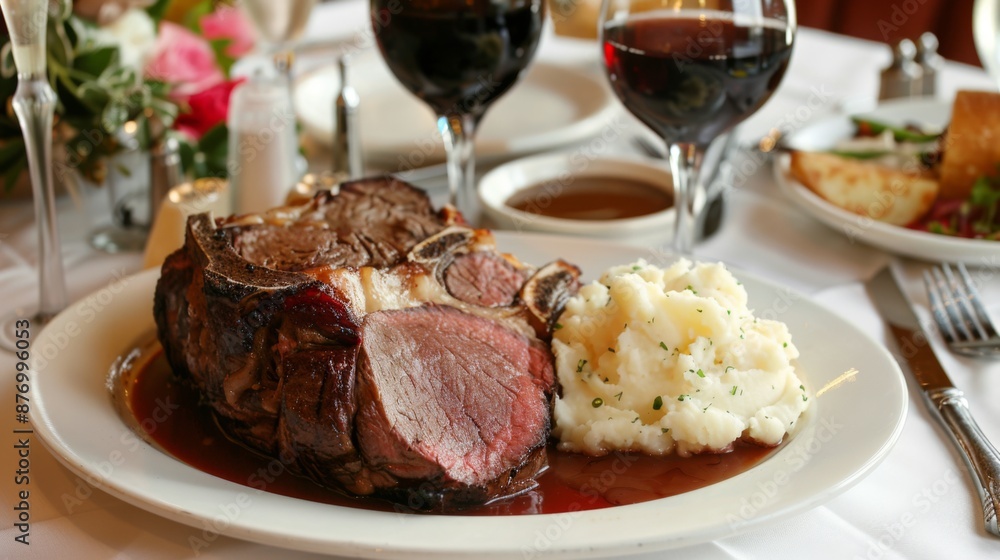 A steakhouse setting with a table set for dinner, featuring a prime rib steak with mashed potatoes and gravy. A steakhouse setting with a table set for dinner, featuring a prime rib steak with mashed potatoes and gravy.