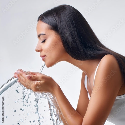 Beautiful African Woman washing her Face with Clean Water - Hygiene and Selfcare during the Day - Drinking Clean Mineral Water - Female Splashing Water in her Face in Bathroom - Removing Make-up photo