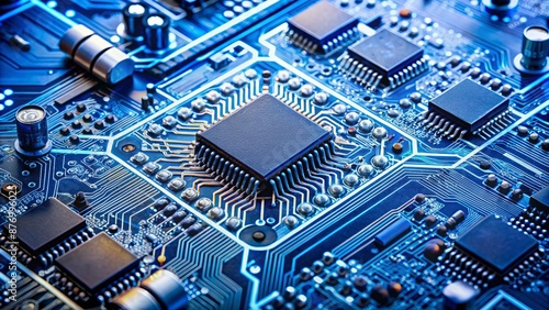 Intricate arrangements of microchips, wires, and components on a blue circuit board, symbolizing advanced digital technology and high-speed connections. photo