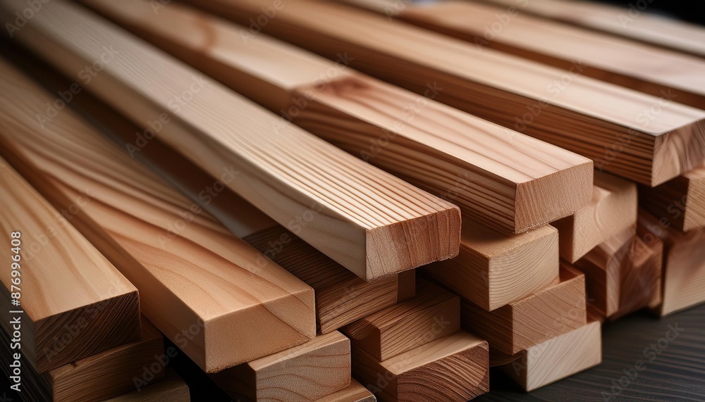 Close-up of Wooden hinoki boards, lumber, industrial wood billets, timber planks Close-up of Wooden hinoki boards, lumber, industrial wood billets, timber planks