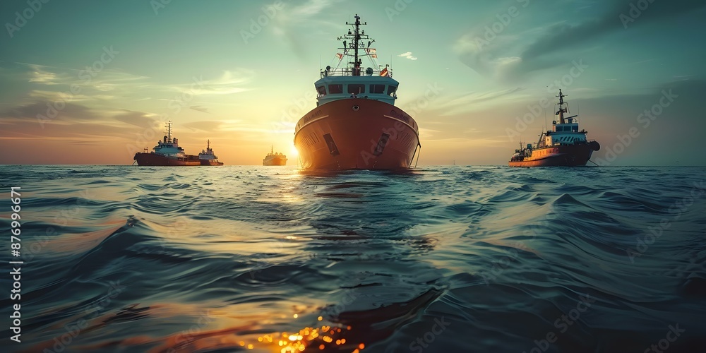 Fototapeta premium Coast Guard ships surrounding distressed tanker. Concept Maritime Rescue, Emergency Response, Nautical Operations, Distress Situation, Coast Guard Intervention