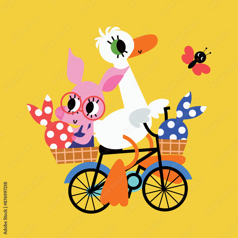 Fototapeta premium Deux amis, un petit cochon et une oie partent en pique-nique en vélo