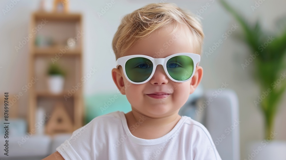 A young child wearing sunglasses and a white shirt. The child is smiling and looking at the camera A young child wearing sunglasses and a white shirt. The child is smiling and looking at the camera