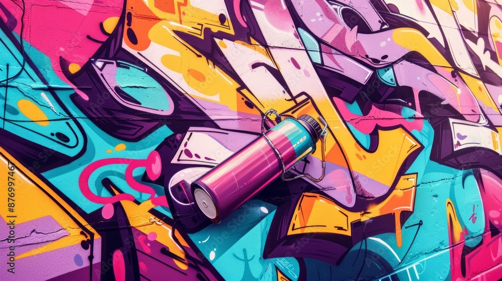 Naklejka premium Back view of graffiti painter looking to the wall with his paintings. Street art concept