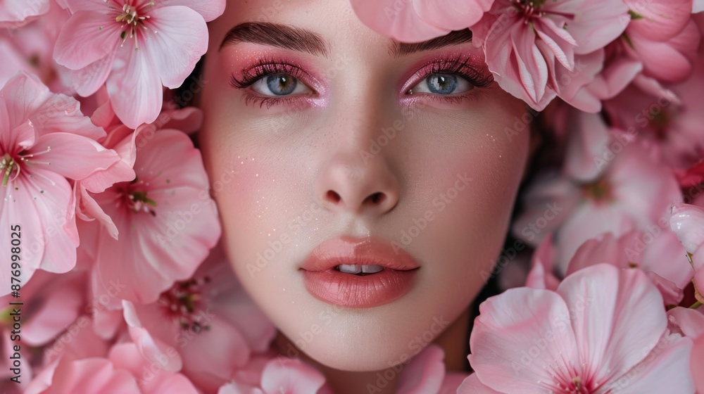 A woman with pink makeup and freckles is surrounded by pink flowers, gazing calmly into the distance. The image has a soft, ethereal quality with intricate floral details. A woman with pink makeup and freckles is surrounded by pink flowers, gazing calmly into the distance. The image has a soft, ethereal quality with intricate floral details.