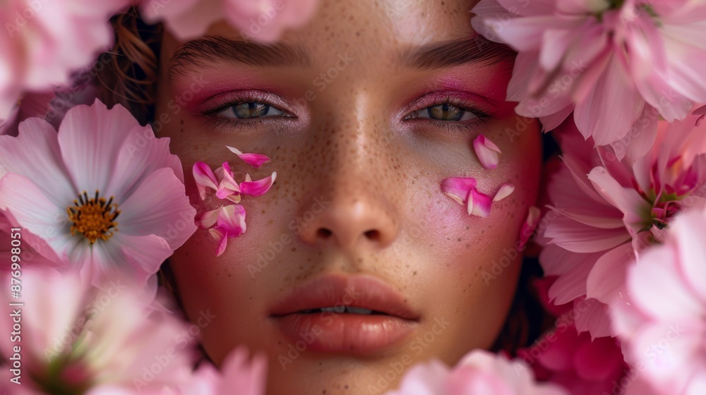 A close-up shot of a woman's face delicately framed by pink blossoms, her soft makeup and freckled skin adding to the natural beauty, warmth, and serenity of the composition. A close-up shot of a woman's face delicately framed by pink blossoms, her soft makeup and freckled skin adding to the natural beauty, warmth, and serenity of the composition.