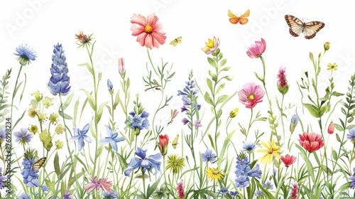 An assortment of wildflowers in bloom, accompanied by butterflies fluttering above them, set against a backdrop of clear white skies, highlighting the essence of spring.