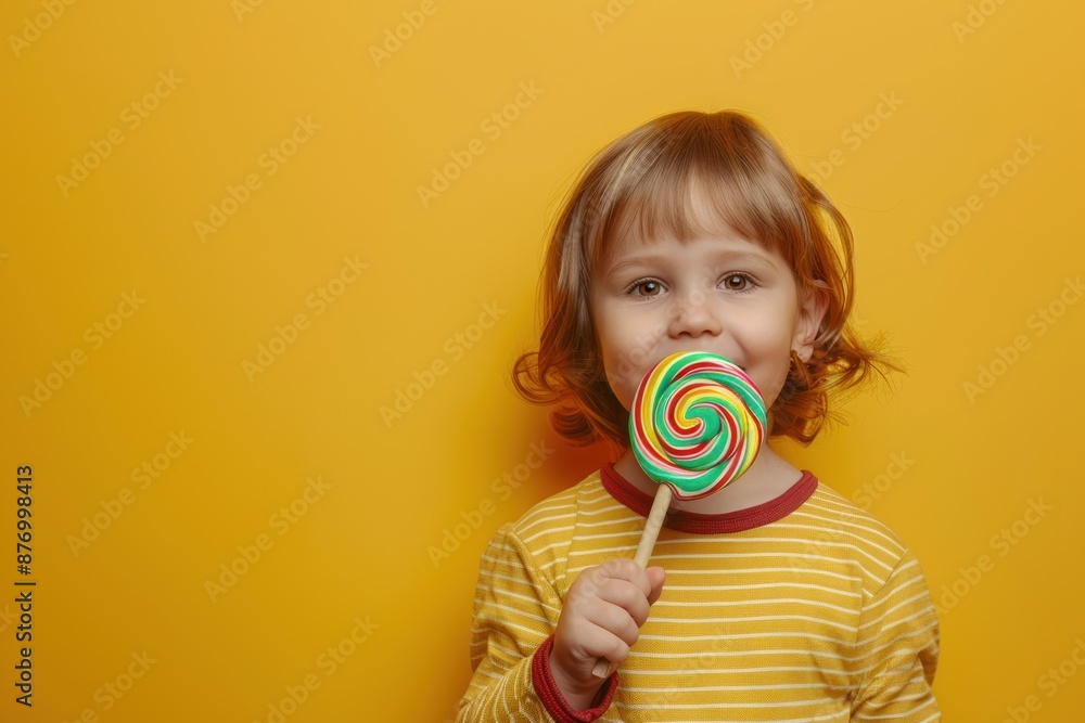 cute kid holding a big swirl lollipop on color background cute kid holding a big swirl lollipop on color background