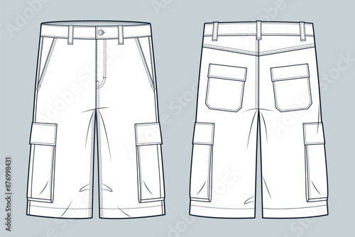 Cargo Shorts technical fashion Illustration. Short Pants fashion flat technical drawing template, pockets, front and back view, white, women, men, unisex CAD mockup.