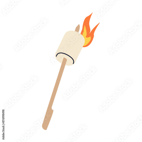 Marshmallow on wooden stick. A marshmallow in crossed, icon isolated on white background. Roasted dessert on bon fire. Cartoon flat design. Vector illustration.