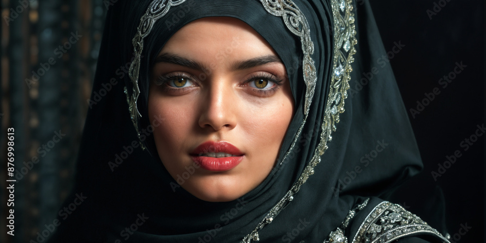 woman wearing a hijab, looking directly at the camera. She has a serious expression and her makeup is done elegantly. woman wearing a hijab, looking directly at the camera. She has a serious expression and her makeup is done elegantly.