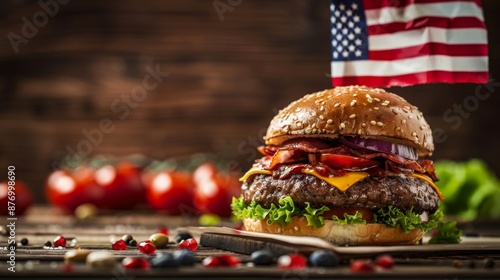 A close-up image of a delicious burger adorned with an American flag, featuring juicy patties, fresh lettuce, melted cheese, and crispy bacon, presenting a gourmet delight. photo