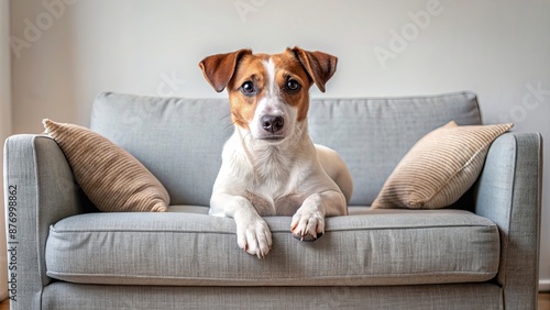 A cute Jack Russell terrier relaxes on a comfy sofa mockup, relaxes, Russell, cute, mockup, comfy © in