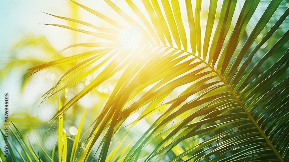 Obraz premium Summer sunlight filtering through tropical palm leaves