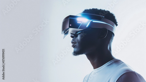 Closeup of futuristic man wearing LED goggles 