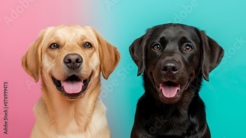 Two dogs are smiling and looking at the camera. One is brown and the other is yellow. The scene is bright and cheerful