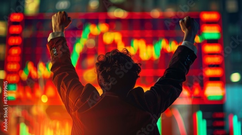 A trader celebrating while looking at a stock market graph showing significant gains.