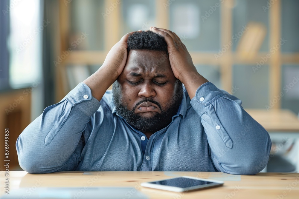 Exhausted tired plus sized office worker, man sitting at desk, looking tired, eyes closed, hands on her head Exhausted tired plus sized office worker, man sitting at desk, looking tired, eyes closed, hands on her head