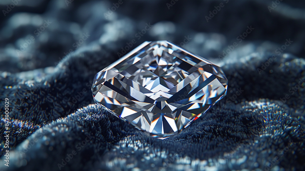 A stunning, Asscher-cut diamond with precise facets, set against a dark blue velvet background. A stunning, Asscher-cut diamond with precise facets, set against a dark blue velvet background.