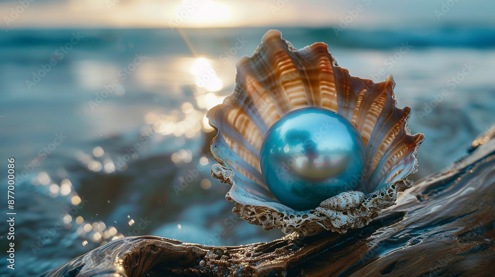 A stunning blue pearl inside a unique, fan-shaped shell, placed on a piece of driftwood by the ocean. A stunning blue pearl inside a unique, fan-shaped shell, placed on a piece of driftwood by the ocean.