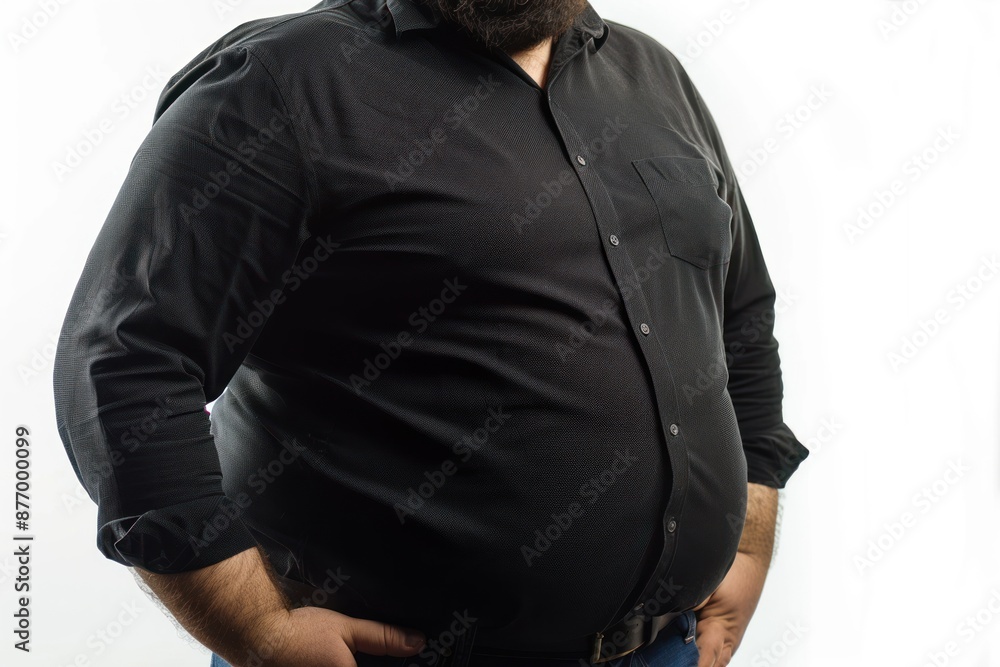 Fat belly of heavily obese man in shirt on white background Fat belly of heavily obese man in shirt on white background