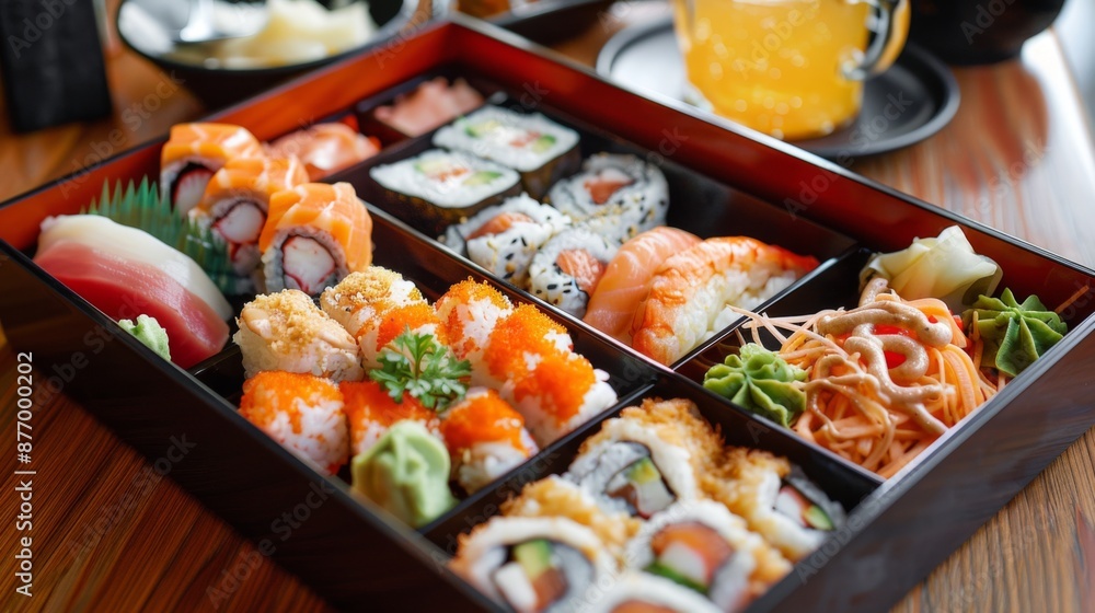 A traditional Japanese bento box filled with sushi, tempura, sashimi, and pickled vegetables, neatly arranged. A traditional Japanese bento box filled with sushi, tempura, sashimi, and pickled vegetables, neatly arranged.