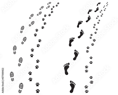 Prints of shoes, human feet and dog paws, turn left or right