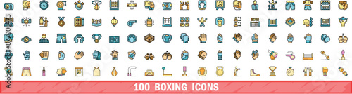 100 boxing icons set. Color line set of boxing vector icons thin line color flat on white