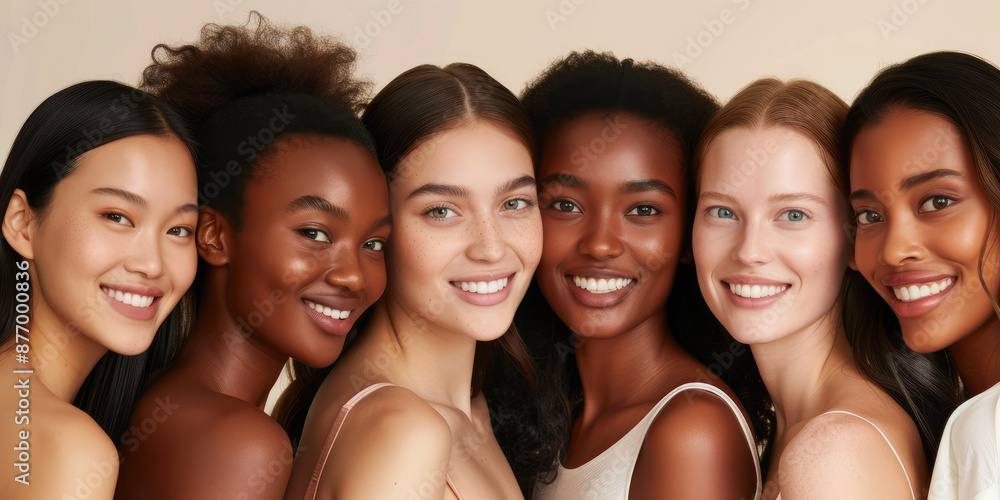 Beauty portrait of a diverse multiracial group of attractive female fashion models with natural beauty and glowing smooth skin. Face shot of multiple women of all races. Generative AI. Beauty portrait of a diverse multiracial group of attractive female fashion models with natural beauty and glowing smooth skin. Face shot of multiple women of all races. Generative AI.