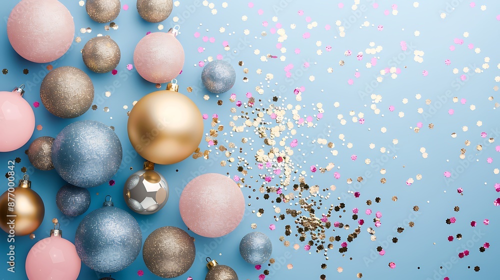 Christmas card with golden and silver balls and confetti isolated on pink and blue background Christmas card with golden and silver balls and confetti isolated on pink and blue background