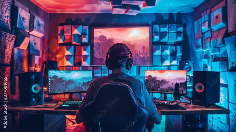 A person sits in front of a computer, wearing headphones and focused on the screen. The room is soundproofed with acoustic panels on the walls. A person sits in front of a computer, wearing headphones and focused on the screen. The room is soundproofed with acoustic panels on the walls.