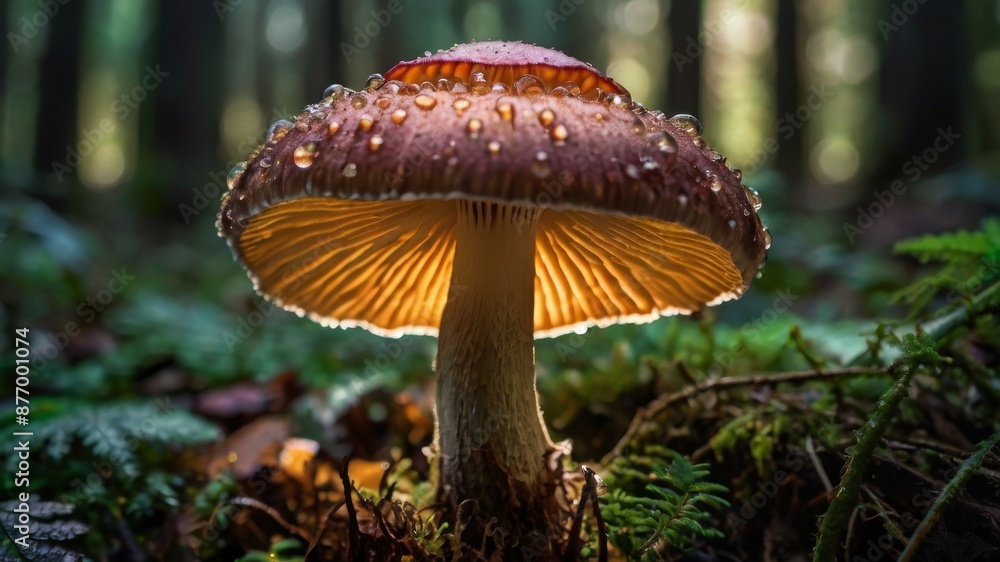 Fototapeta premium Mushroom in dew drops in green forest