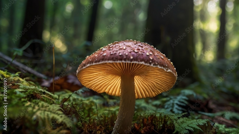 Fototapeta premium Mushroom in dew drops in green forest